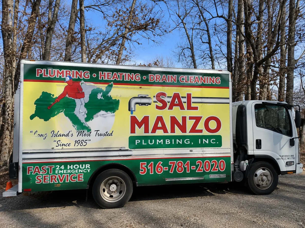 Manzo emergency plumbing and heating service truck on Long Island